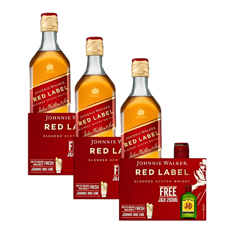 Johnnie Walker Red Label 1L with J&B Rare 200ml Bundle of 3