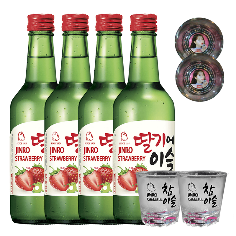 Jinro Chamisul Strawberry Soju 360ml Bundle of 4 with 2 Limited Edition IU Shot Glasses