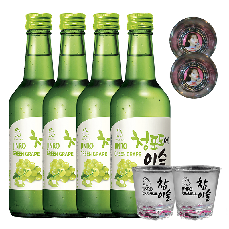 Jinro Chamisul Green Grape Soju 360ml Bundle of 4 with 2 Limited Edition IU Shot Glasses