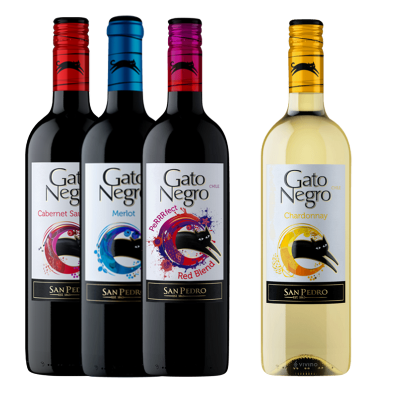 Gato Negro Cabernet Sauvignon 750ml, Gato Negro Merlot 750ml, and Gato Negro Red Blend 750ml with Gato Negro Chardonnay 750ml
