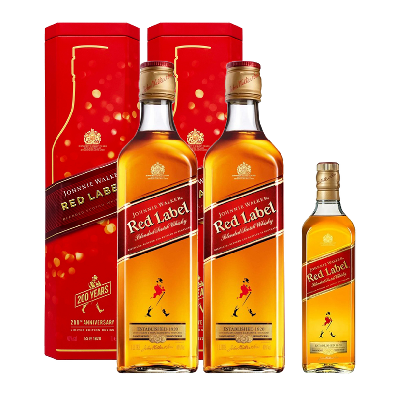 Johnnie Walker Red Label 1L Bundle of 2 with 2 200th Anniversary Edition Canisters and Johnnie Walker Red 200ml