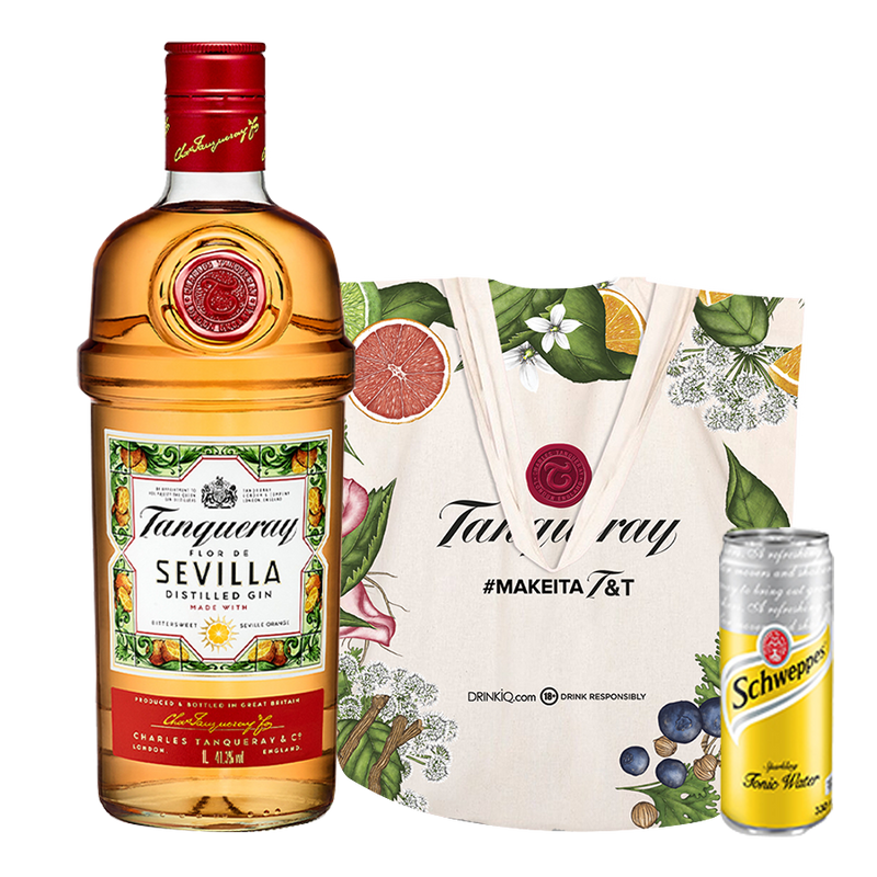Tanqueray Flor de Sevilla 1L with Tanqueray Summer Tote Bag and Schweppes Tonic Water