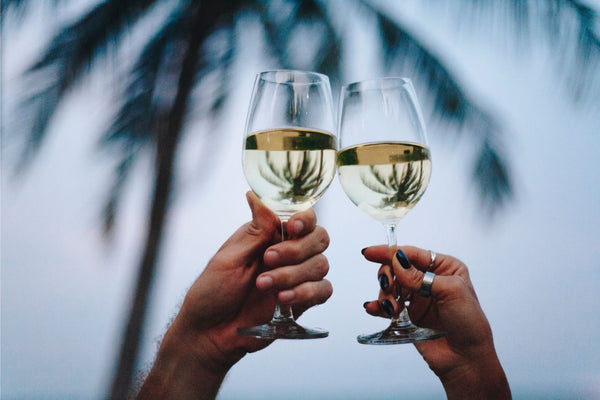 Two people enjoying a glass of wine by the beach
