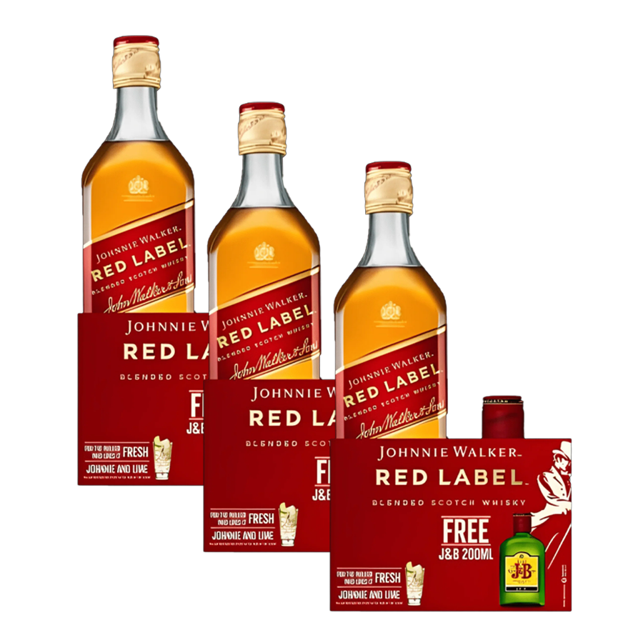 Johnnie Walker Red Label 1L with J&B Rare 200ml Bundle of 3