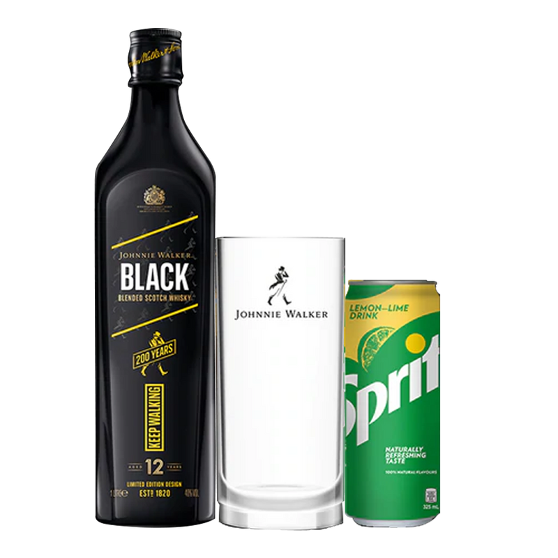 Johnnie Walker Black Label Icon 1L with Highball Glass and Sprite