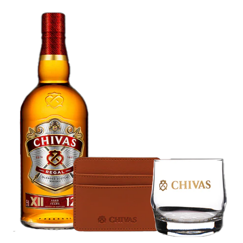 Chivas Regal 12 Year Old 1L with Card Holder and Rock Glass