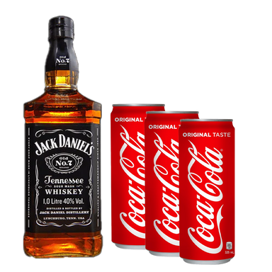 Jack Daniel's Old No. 7 Tennessee Whiskey 1L with 3 Coca Cola Can 320ml