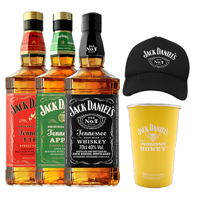 Jack Daniel's Fire 700ml, Jack Daniel's Apple, Jack Daniel's Old No. 7 Tennessee Whiskey with Jack Daniel's Cap and Tin Cup