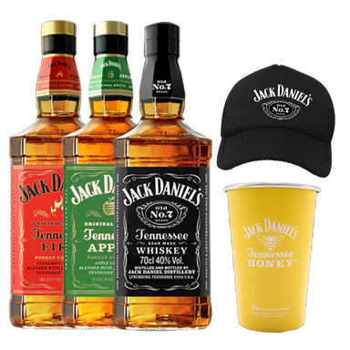 Jack Daniel's Fire 700ml, Jack Daniel's Apple, Jack Daniel's Old No. 7 Tennessee Whiskey with Jack Daniel's Cap and Tin Cup