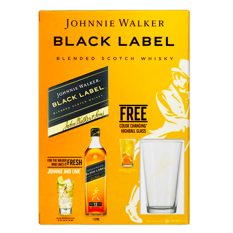 Johnnie Walker Black Label 1L with Color Changing Highball Glass