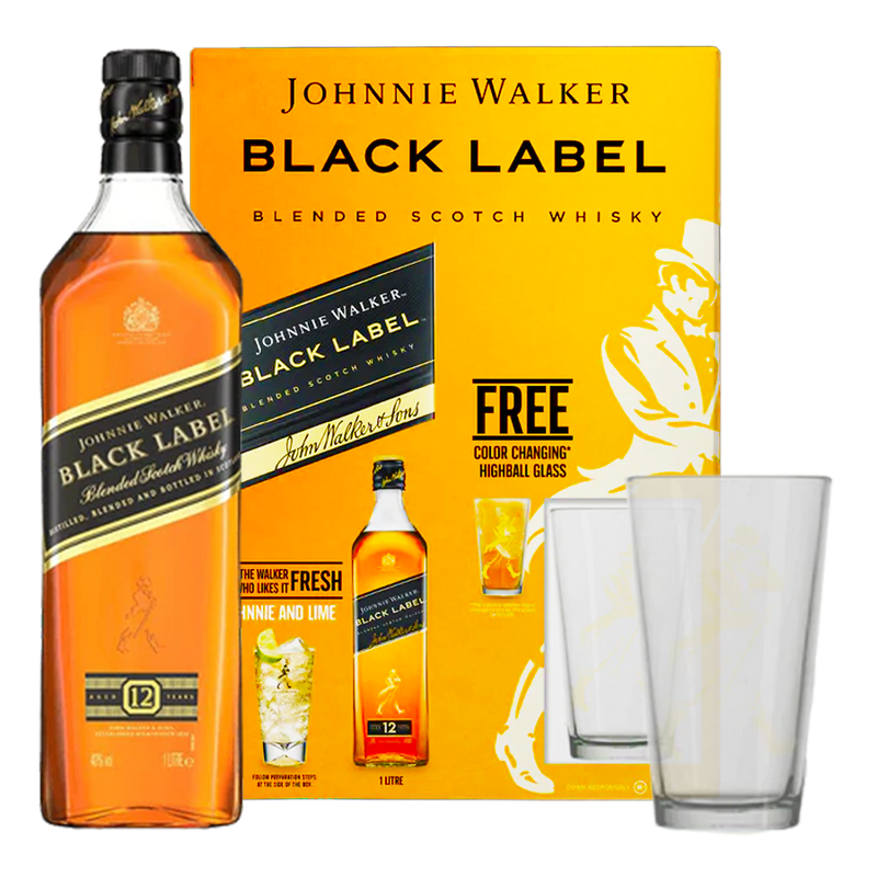 Johnnie Walker Black Label 1L with Color Changing Highball Glass