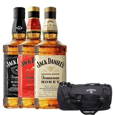 Jack Daniel’s Old No.7 Tennessee Whiskey 700ml, Jack Daniel’s Fire 700ml, Jack Daniel’s Honey 700ml with free Jack Daniel’s Duffel Bag