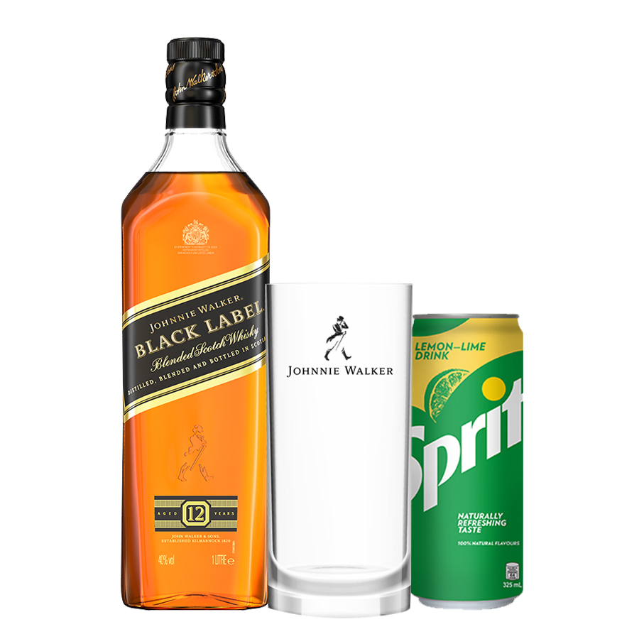 Johnnie Walker Black Label 1L with Highball Glass and Can of Sprite