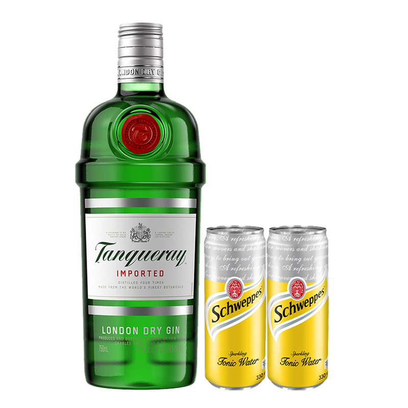 Tanqueray London Dry Gin 750ml with 2 Schweppes Tonic Water 330ml