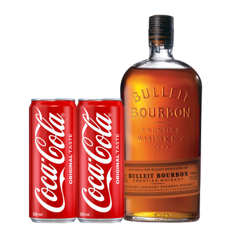 Bulleit Bourbon 1L with 2 Cans of Coca-Cola