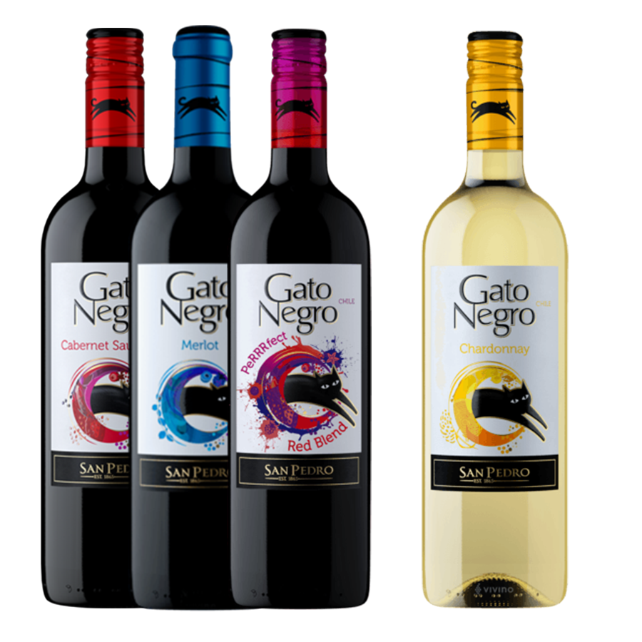 Gato Negro Cabernet Sauvignon 750ml, Gato Negro Merlot 750ml, and Gato Negro Red Blend 750ml with Gato Negro Chardonnay 750ml