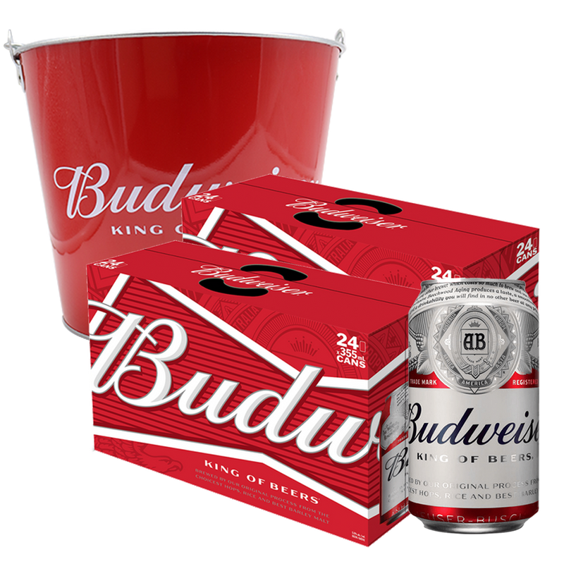 Budweiser Can 330ml Case of 24 Bundle of 2 with Bucket