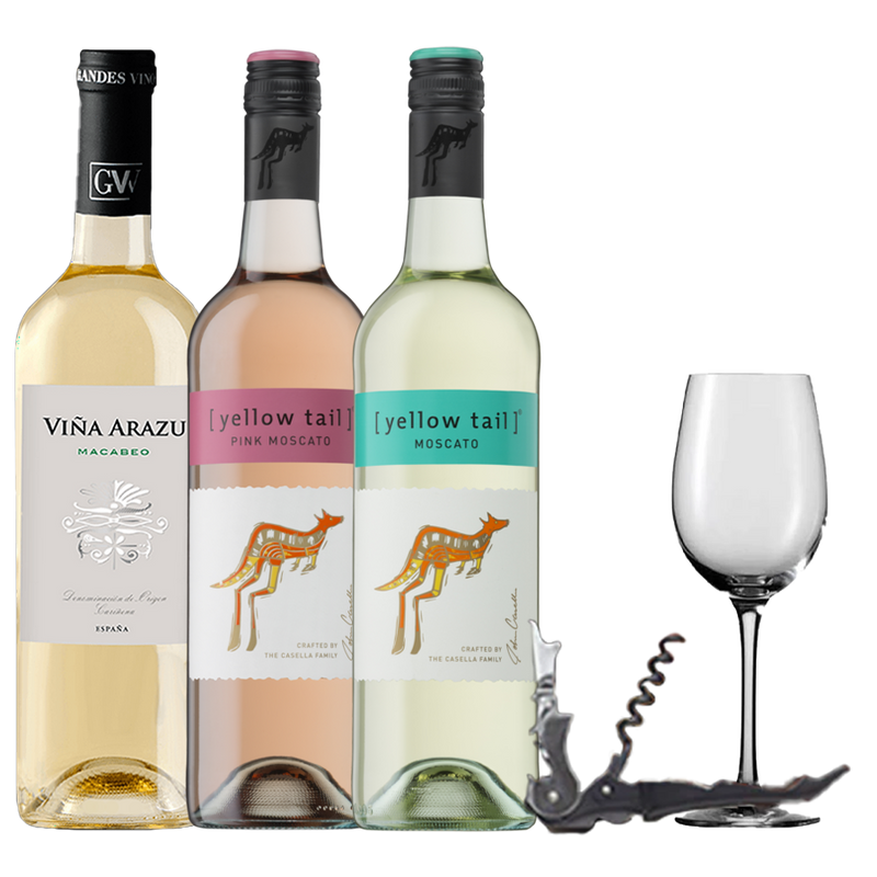 Vina Arazu Macabeo 750ml, Yellow Tail Pink Moscato 750ml, Yellow Tail Moscato 750ml With Wine Opener And Wine Glass