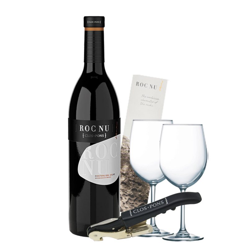Roc Nu 750ml with Roc Nu Bookmark, Clos Plons Wine Opener, and 2 Wine Glasses
