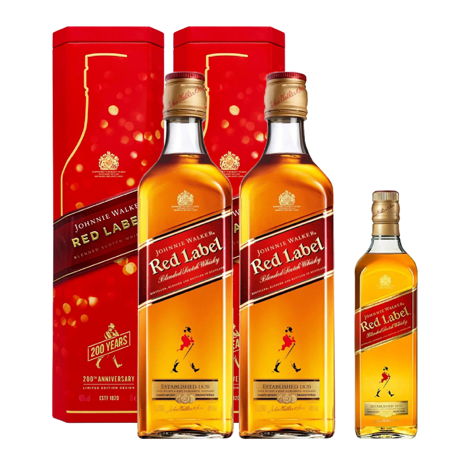 Johnnie Walker Red Label 1L Bundle of 2 with 2 200th Anniversary Edition Canisters and Johnnie Walker Red 200ml