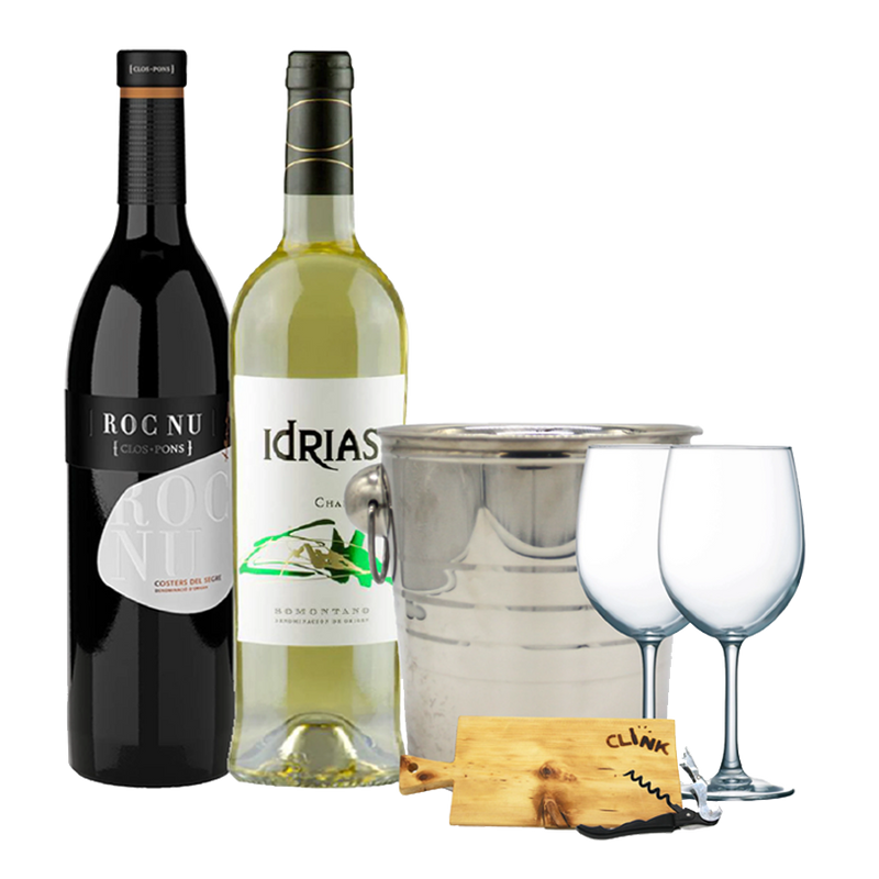 Roc Nu and Idrias with 1 Bucket, 2 Wine Glasses, 1 Wine Opener, and 1 Clink Cheeseboard