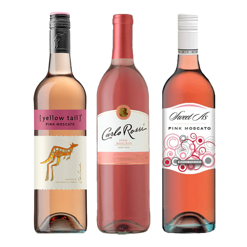 Yellow Tail Pink Moscato 750ML, Carlo Rossi Pink Moscato 750ML, and Sweet As Pink Moscato 750ML Pink Moscato Tuesdays Bundle