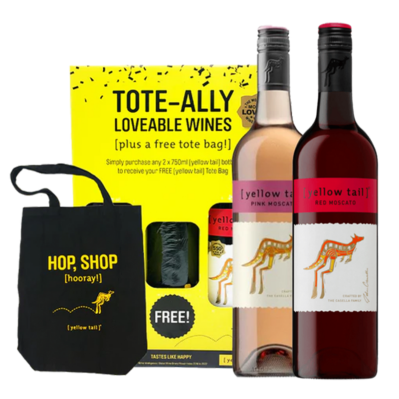 Yellow Tail Pink Moscato 750ml and Yellow Tail Red Moscato 750ml Pack with Tote Bag