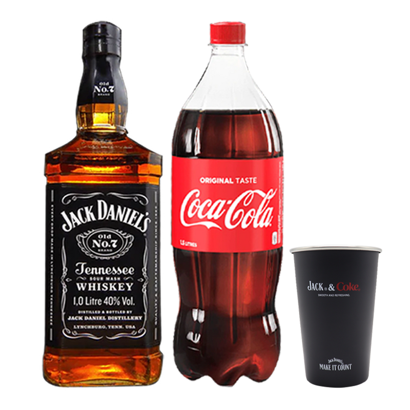 Jack Daniel’s Old No. 7 Tennessee Whiskey 1L with Coke 1.5L and Tin Cup