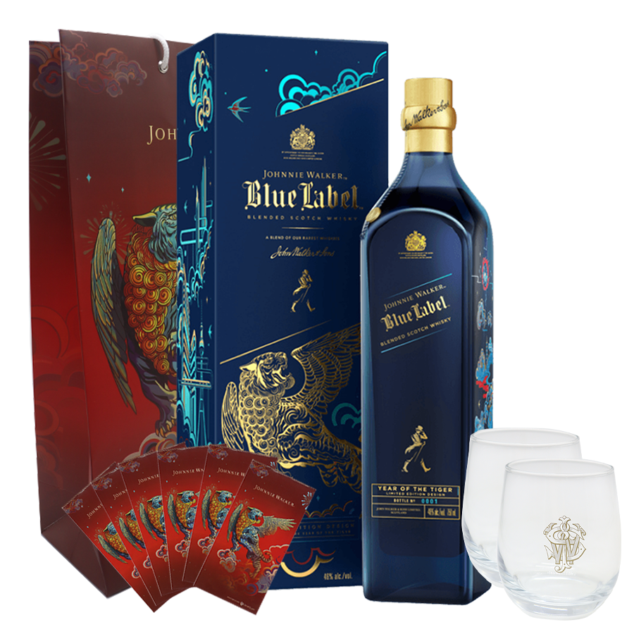 Johnnie Walker Blue Label Year of the Tiger 750ml with Paper Bag, 2 Rock Glasses, and 6 Angpao Envelopes