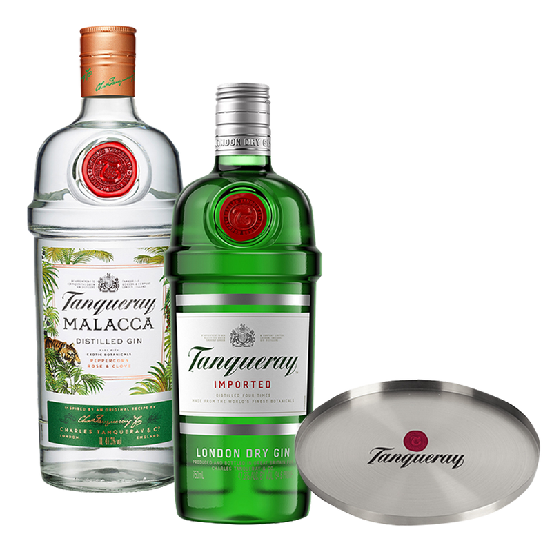 Tanqueray London Dry Gin 750ml and Tanqueray Malacca 1L with Bar Tray
