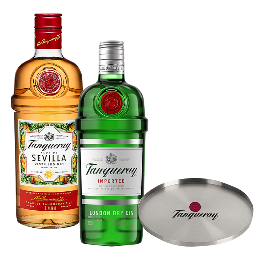 Tanqueray London Dry Gin 750ml and Tanqueray Flor de Sevilla 1L with Bar Tray