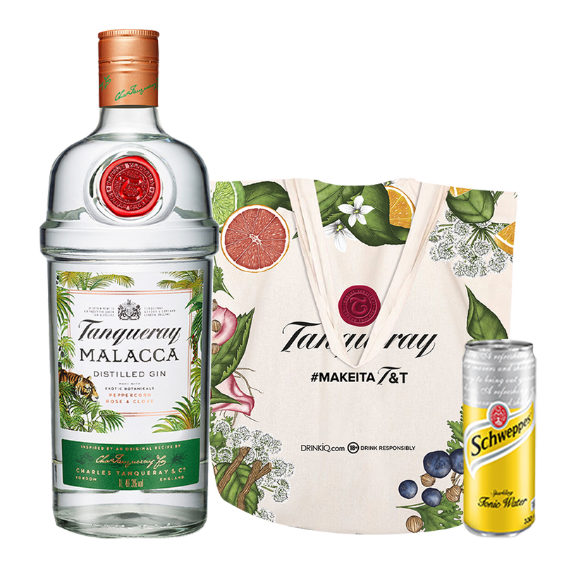 Tanqueray Malacca 1L with Tanqueray Summer Tote Bag and Schweppes Tonic Water