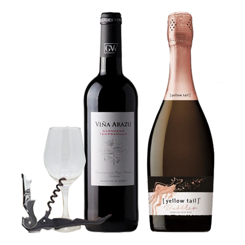 Viña Arazu Tinto 750ml and Yellow Tail Bubble Sparkling Rose Wine 750ml Bundle of 2 with Wine Opener and Wine Glass