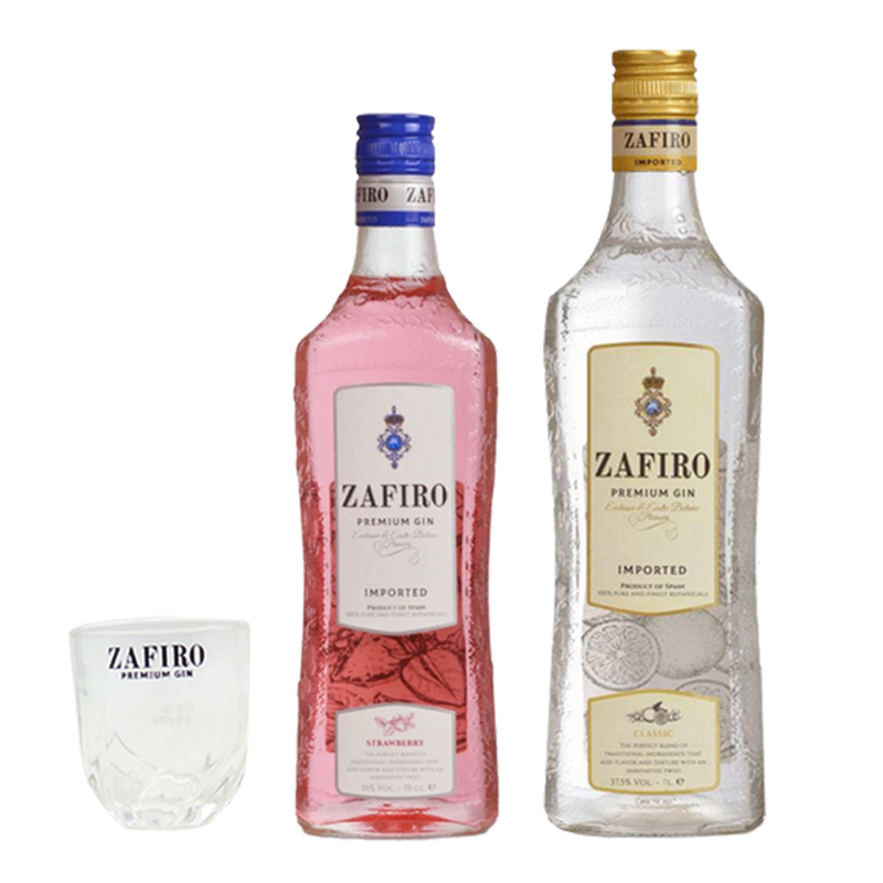 Zafiro Strawberry 700ml and Zafiro Premium Gin 1L with Shot Glass